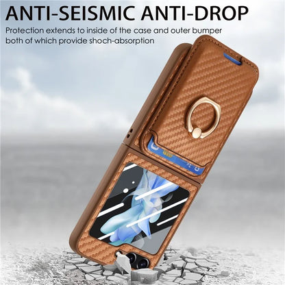 For Samsung Galaxy Z Flip6 5G Case Ring Kickstand Card Slot Phone Cover with Rear Screen Film
