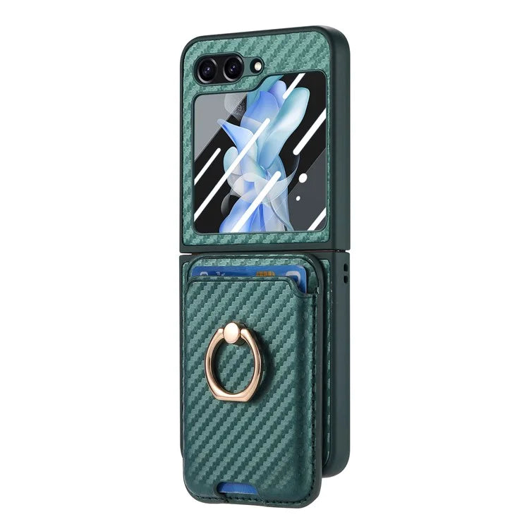 For Samsung Galaxy Z Flip6 5G Case Ring Kickstand Card Slot Phone Cover with Rear Screen Film