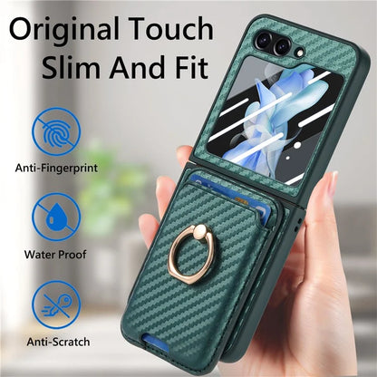 For Samsung Galaxy Z Flip6 5G Case Ring Kickstand Card Slot Phone Cover with Rear Screen Film