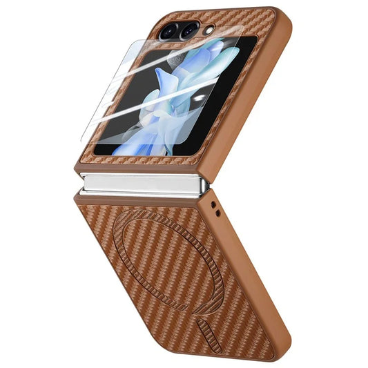For Samsung Galaxy Z Flip6 5G Magnetic Case Leather+PC Folding Phone Cover with Rear Screen Film