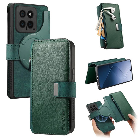 CASENEO MW-02 For Xiaomi 14 Leather Case Magnetic Detachable Phone Cover with Zipper Wallet