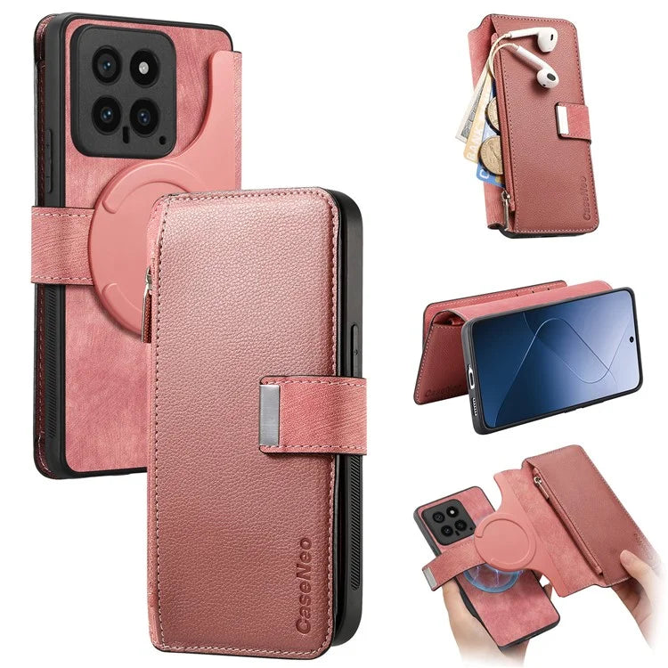 CASENEO MW-02 For Xiaomi 14 Leather Case Magnetic Detachable Phone Cover with Zipper Wallet