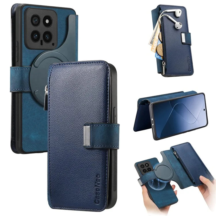 CASENEO MW-02 For Xiaomi 14 Leather Case Magnetic Detachable Phone Cover with Zipper Wallet