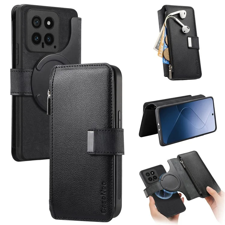 CASENEO MW-02 For Xiaomi 14 Leather Case Magnetic Detachable Phone Cover with Zipper Wallet