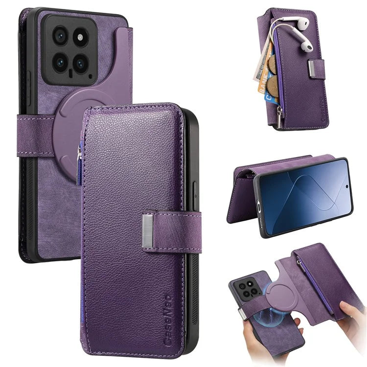 CASENEO MW-02 For Xiaomi 14 Leather Case Magnetic Detachable Phone Cover with Zipper Wallet