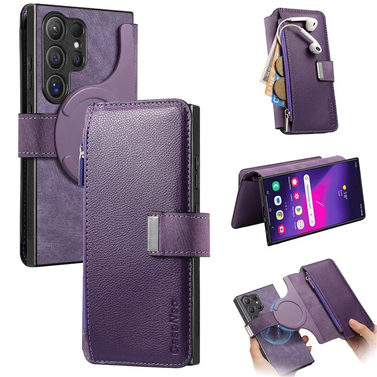 CASENEO MW-02 For Samsung Galaxy S24 Ultra Case Zipper Pocket PU Leather Stand Phone Cover