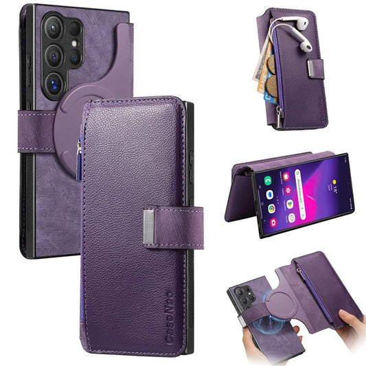 CASENEO MW-02 For Samsung Galaxy S24 Ultra Case Zipper Pocket PU Leather Stand Phone Cover