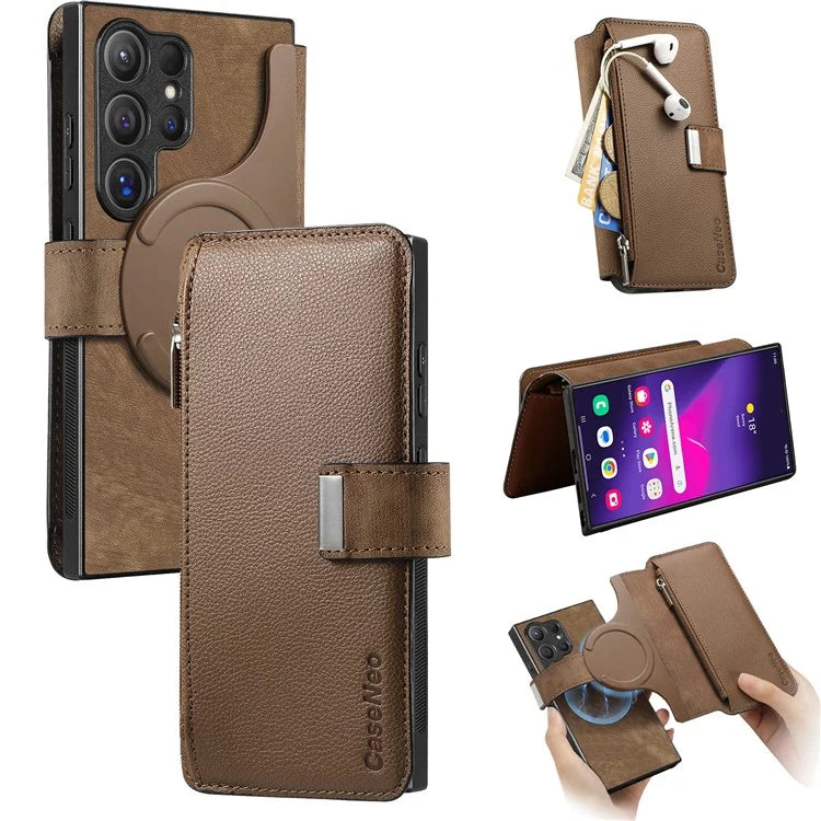 CASENEO MW-02 For Samsung Galaxy S24 Ultra Case Zipper Pocket PU Leather Stand Phone Cover