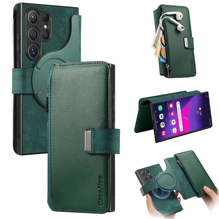 CASENEO MW-02 For Samsung Galaxy S24 Ultra Case Zipper Pocket PU Leather Stand Phone Cover