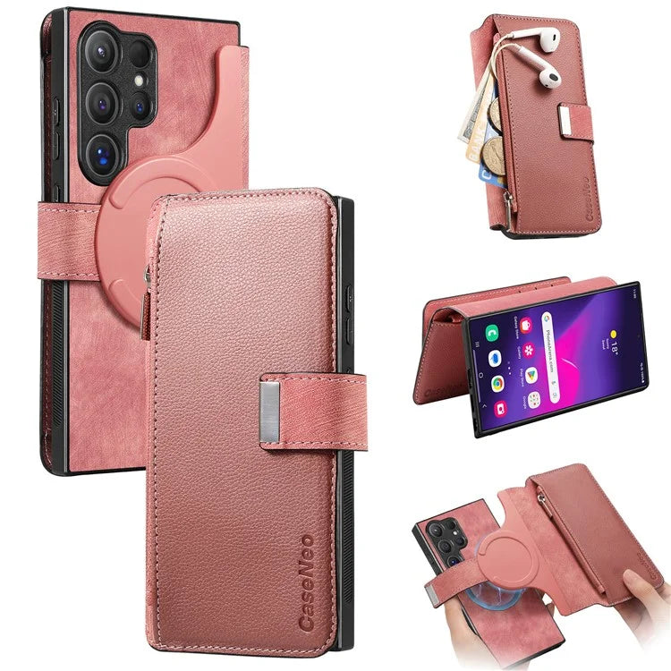 CASENEO MW-02 For Samsung Galaxy S24 Ultra Case Zipper Pocket PU Leather Stand Phone Cover