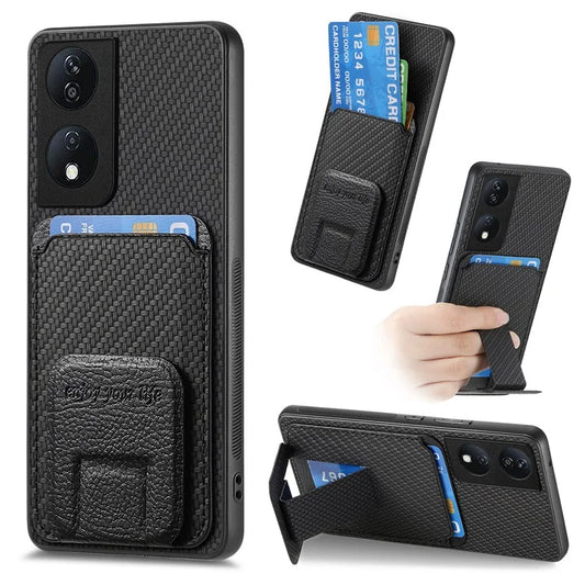 C1-11 for Honor 90 Smart / X7b 4G Case Card Holder Carbon Fiber Texture Leather Coated TPU Cover