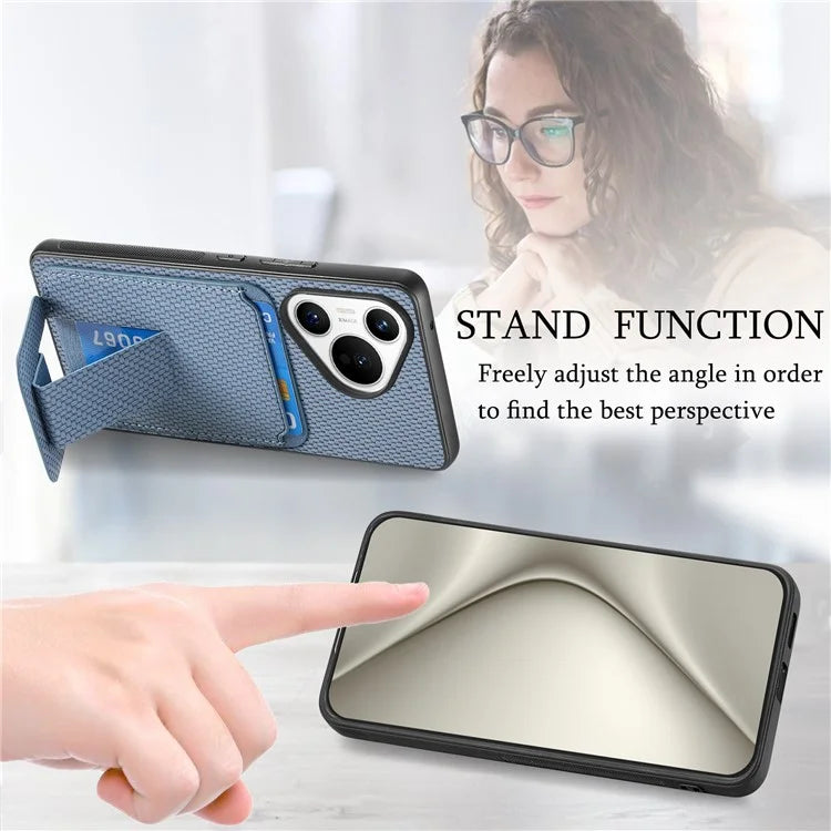 C1-11 for Huawei Pura 70 Case Kickstand Carbon Fiber Texture Leather+TPU Card Slot Phone Cover
