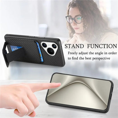 C1-11 for Huawei Pura 70 Case Kickstand Carbon Fiber Texture Leather+TPU Card Slot Phone Cover