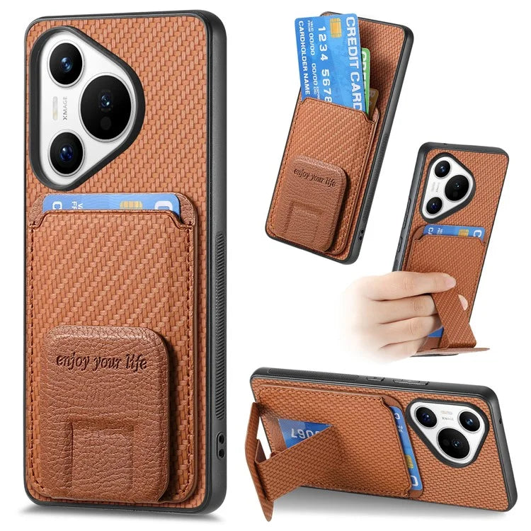 C1-11 for Huawei Pura 70 Case Kickstand Carbon Fiber Texture Leather+TPU Card Slot Phone Cover