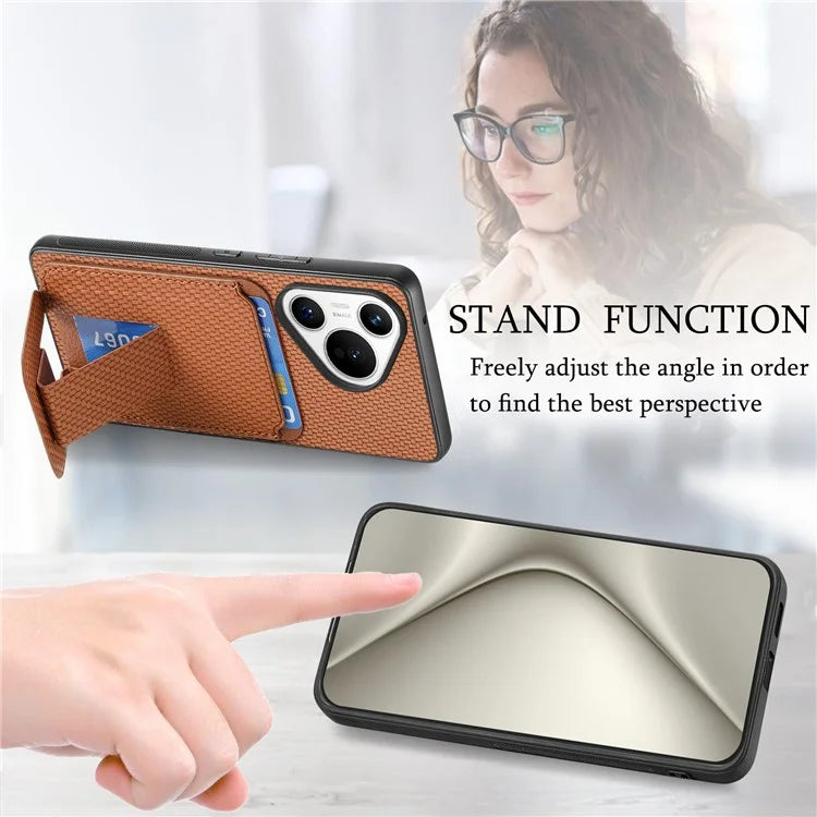 C1-11 for Huawei Pura 70 Case Kickstand Carbon Fiber Texture Leather+TPU Card Slot Phone Cover