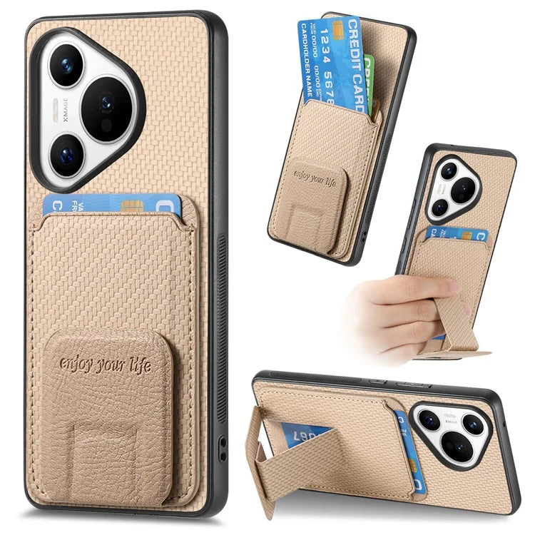 C1-11 for Huawei Pura 70 Case Kickstand Carbon Fiber Texture Leather+TPU Card Slot Phone Cover