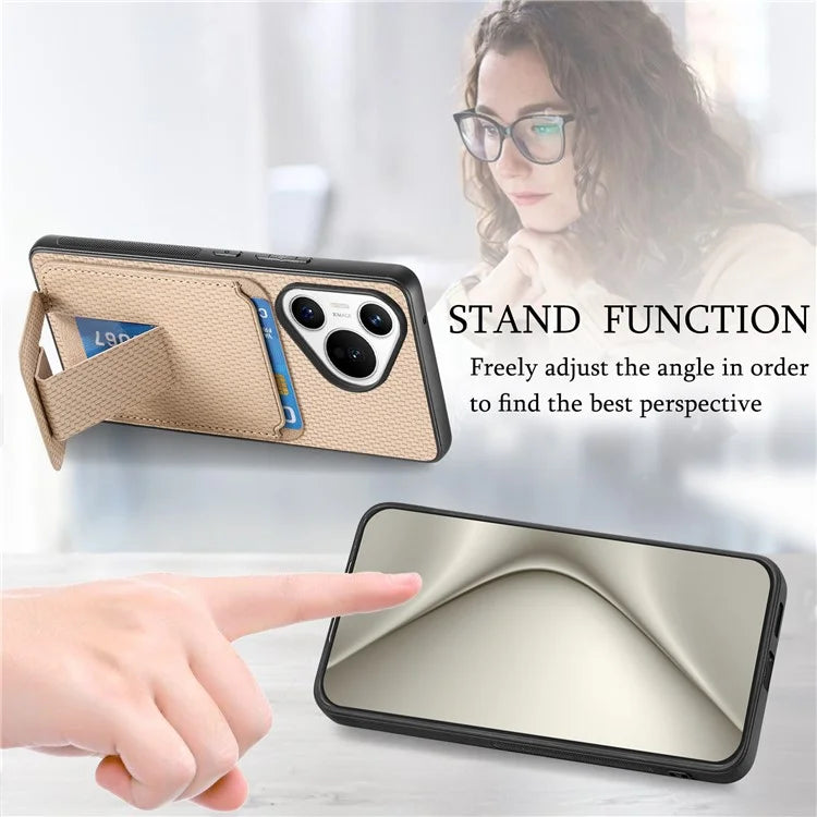 C1-11 for Huawei Pura 70 Case Kickstand Carbon Fiber Texture Leather+TPU Card Slot Phone Cover