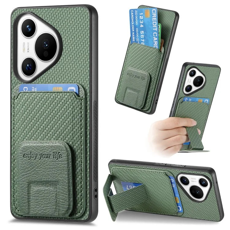 C1-11 for Huawei Pura 70 Case Kickstand Carbon Fiber Texture Leather+TPU Card Slot Phone Cover