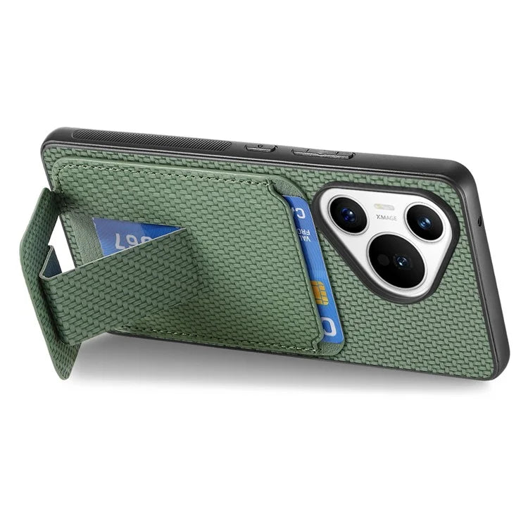 C1-11 for Huawei Pura 70 Case Kickstand Carbon Fiber Texture Leather+TPU Card Slot Phone Cover