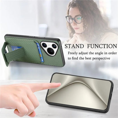 C1-11 for Huawei Pura 70 Case Kickstand Carbon Fiber Texture Leather+TPU Card Slot Phone Cover