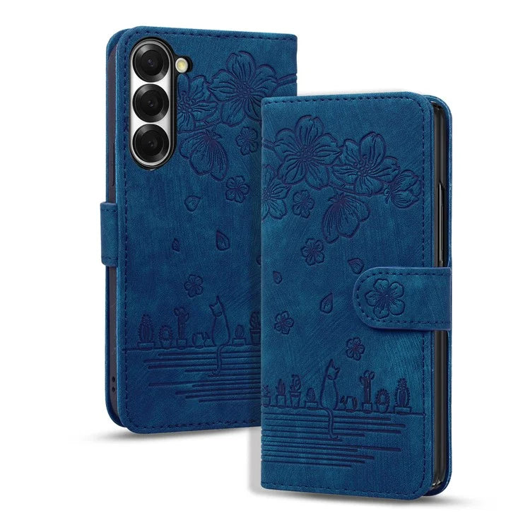 For Samsung Galaxy Z Fold6 5G Case Leather + PC Phone Cover Cherry Blossom Cat Pattern
