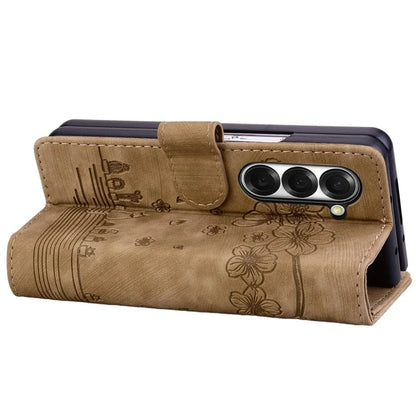 For Samsung Galaxy Z Fold6 5G Case Leather + PC Phone Cover Cherry Blossom Cat Pattern