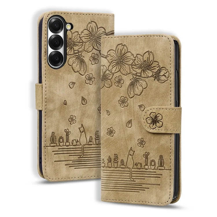 For Samsung Galaxy Z Fold6 5G Case Leather + PC Phone Cover Cherry Blossom Cat Pattern