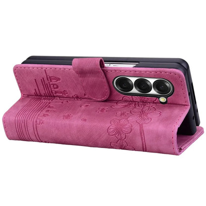 For Samsung Galaxy Z Fold6 5G Case Leather + PC Phone Cover Cherry Blossom Cat Pattern