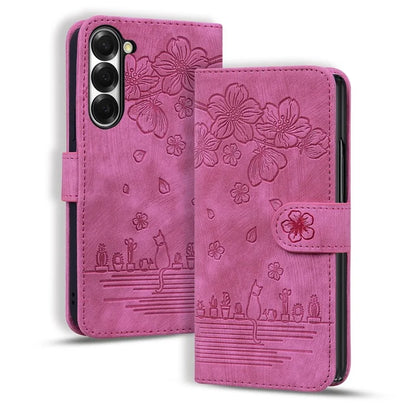 For Samsung Galaxy Z Fold6 5G Case Leather + PC Phone Cover Cherry Blossom Cat Pattern