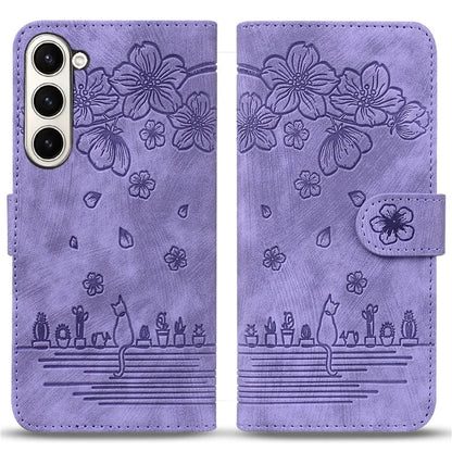 For Samsung Galaxy Z Fold6 5G Case Leather + PC Phone Cover Cherry Blossom Cat Pattern