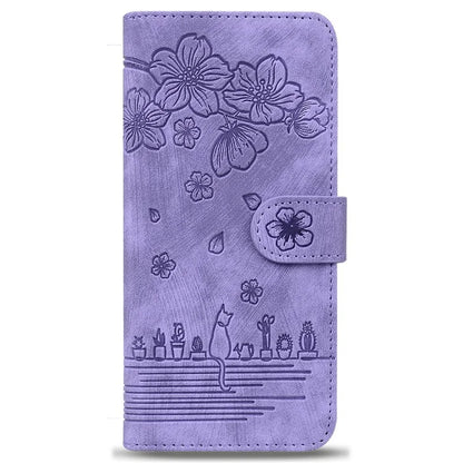 For Samsung Galaxy Z Fold6 5G Case Leather + PC Phone Cover Cherry Blossom Cat Pattern