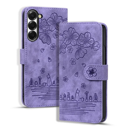 For Samsung Galaxy Z Fold6 5G Case Leather + PC Phone Cover Cherry Blossom Cat Pattern
