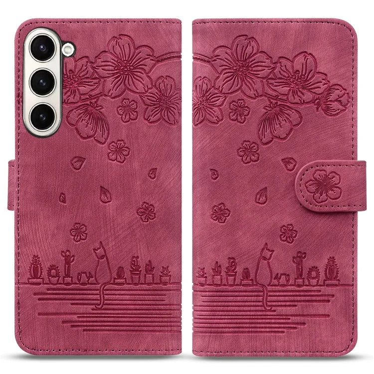 For Samsung Galaxy Z Fold6 5G Case Leather + PC Phone Cover Cherry Blossom Cat Pattern