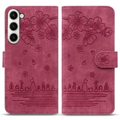 For Samsung Galaxy Z Fold6 5G Case Leather + PC Phone Cover Cherry Blossom Cat Pattern