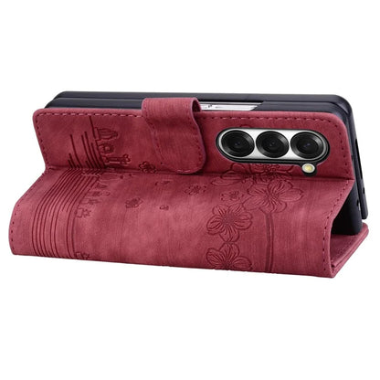 For Samsung Galaxy Z Fold6 5G Case Leather + PC Phone Cover Cherry Blossom Cat Pattern