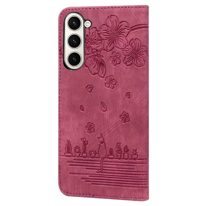 For Samsung Galaxy Z Fold6 5G Case Leather + PC Phone Cover Cherry Blossom Cat Pattern