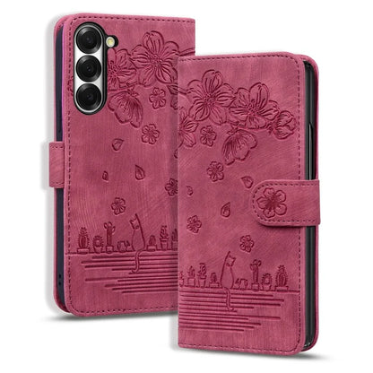 For Samsung Galaxy Z Fold6 5G Case Leather + PC Phone Cover Cherry Blossom Cat Pattern