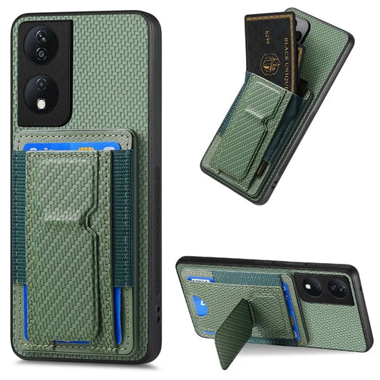 C1-13 For Honor 90 Smart / X7b 4G Case Card Holder Carbon Fiber Texture Leather+TPU Cover