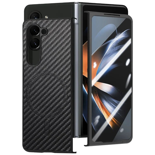 For Samsung Galaxy Z Fold5 5G Magnetic Case Leather+PC Phone Cover with Tempered Glass Film