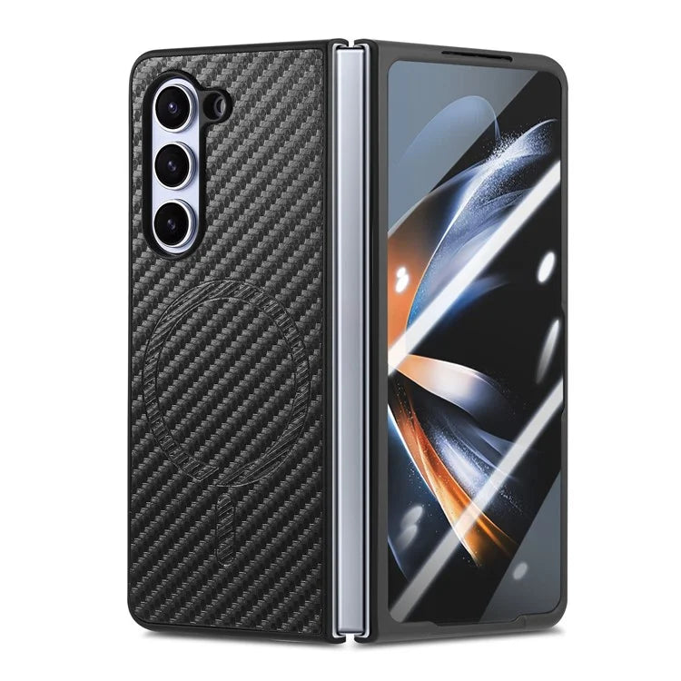 For Samsung Galaxy Z Fold5 5G Magnetic Case Leather+PC Phone Cover with Tempered Glass Film