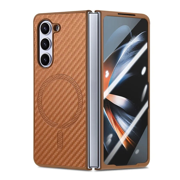 For Samsung Galaxy Z Fold5 5G Magnetic Case Leather+PC Phone Cover with Tempered Glass Film