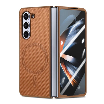 For Samsung Galaxy Z Fold5 5G Magnetic Case Leather+PC Phone Cover with Tempered Glass Film