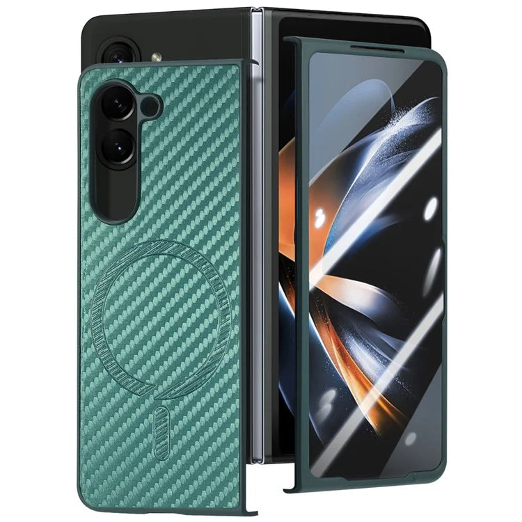 For Samsung Galaxy Z Fold5 5G Magnetic Case Leather+PC Phone Cover with Tempered Glass Film