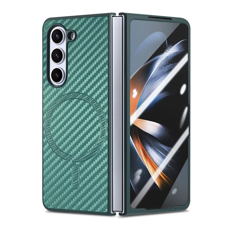 For Samsung Galaxy Z Fold5 5G Magnetic Case Leather+PC Phone Cover with Tempered Glass Film