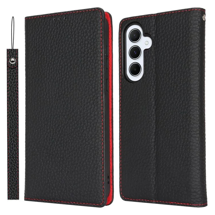 For Samsung Galaxy A55 5G Wallet Case Genuine Cow Leather Phone Cover Litchi Texture