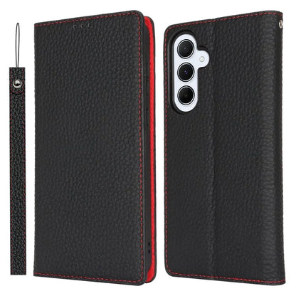 For Samsung Galaxy A55 5G Wallet Case Genuine Cow Leather Phone Cover Litchi Texture