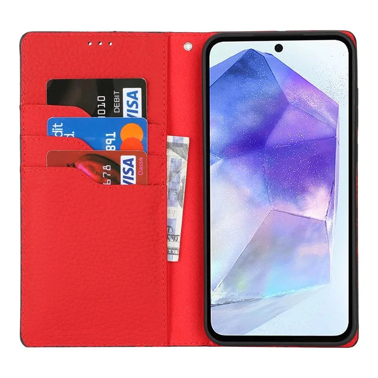 For Samsung Galaxy A55 5G Wallet Case Genuine Cow Leather Phone Cover Litchi Texture