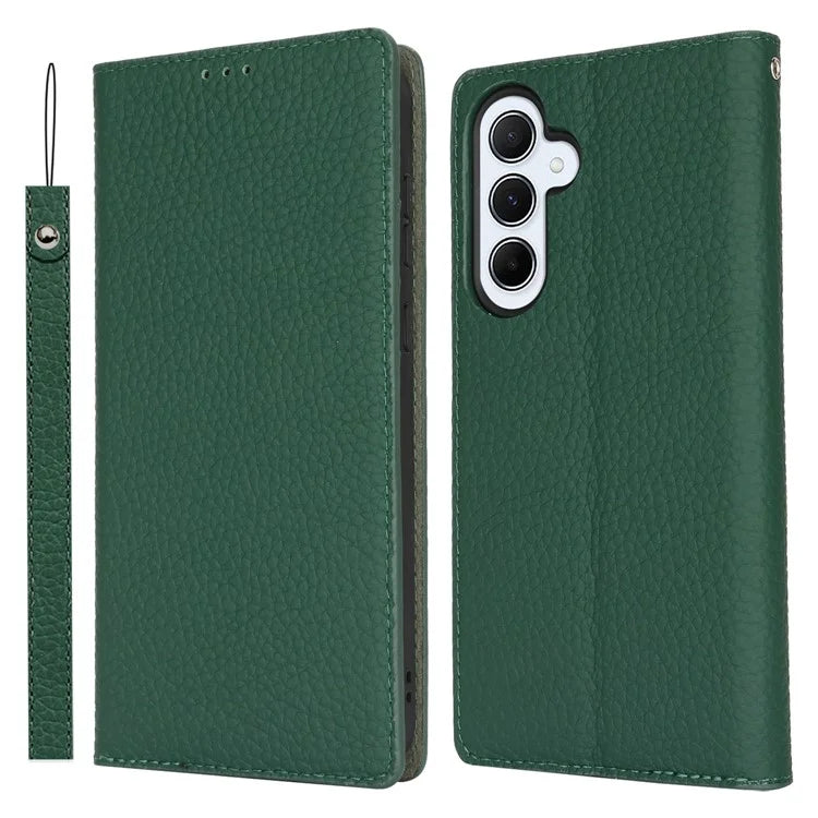 For Samsung Galaxy A55 5G Wallet Case Genuine Cow Leather Phone Cover Litchi Texture