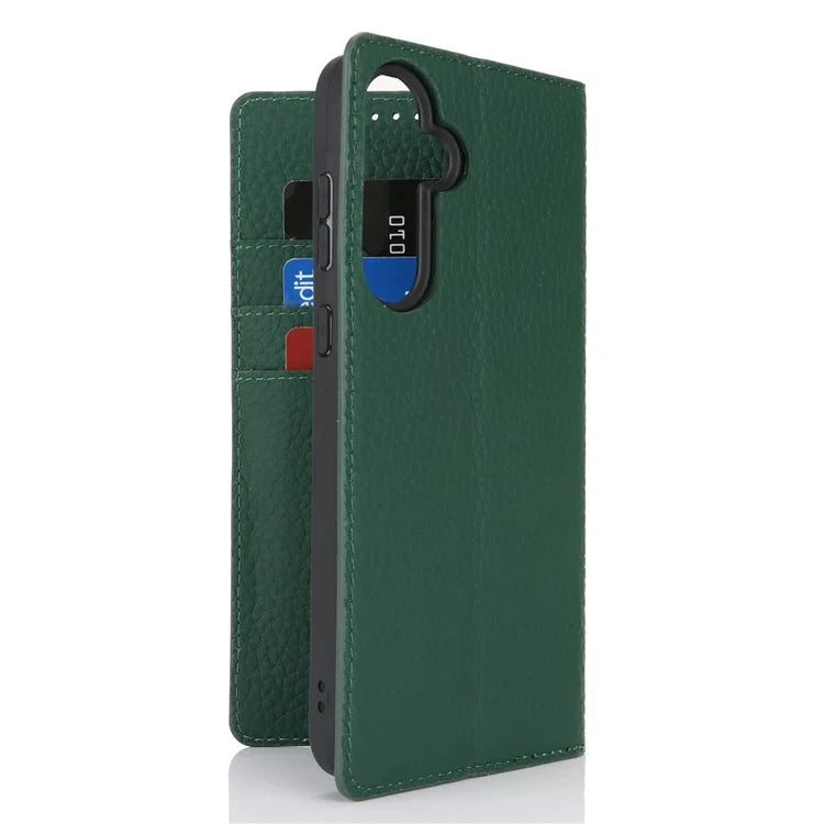 For Samsung Galaxy A55 5G Wallet Case Genuine Cow Leather Phone Cover Litchi Texture