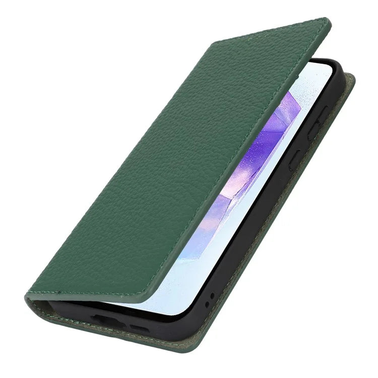 For Samsung Galaxy A55 5G Wallet Case Genuine Cow Leather Phone Cover Litchi Texture